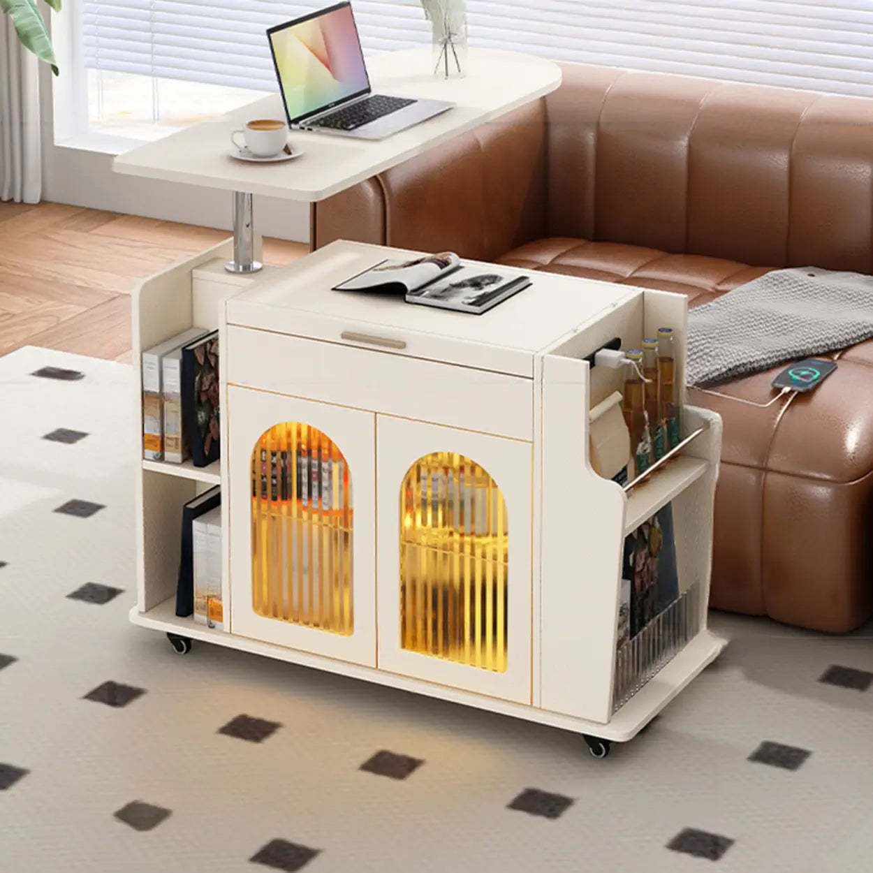 White Wood Swivel Adjustable Storage End Table