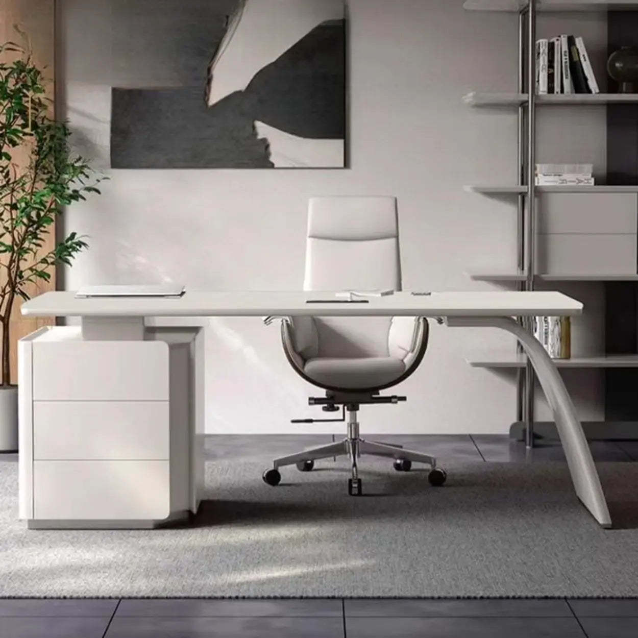 White Wood Computer Desk with Drawers and Storage — Table Only
