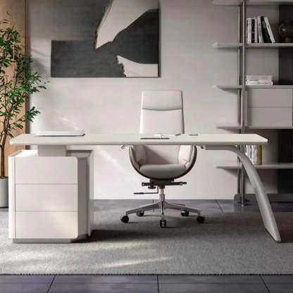 White Wood Computer Desk with Drawers and Storage — Table Only