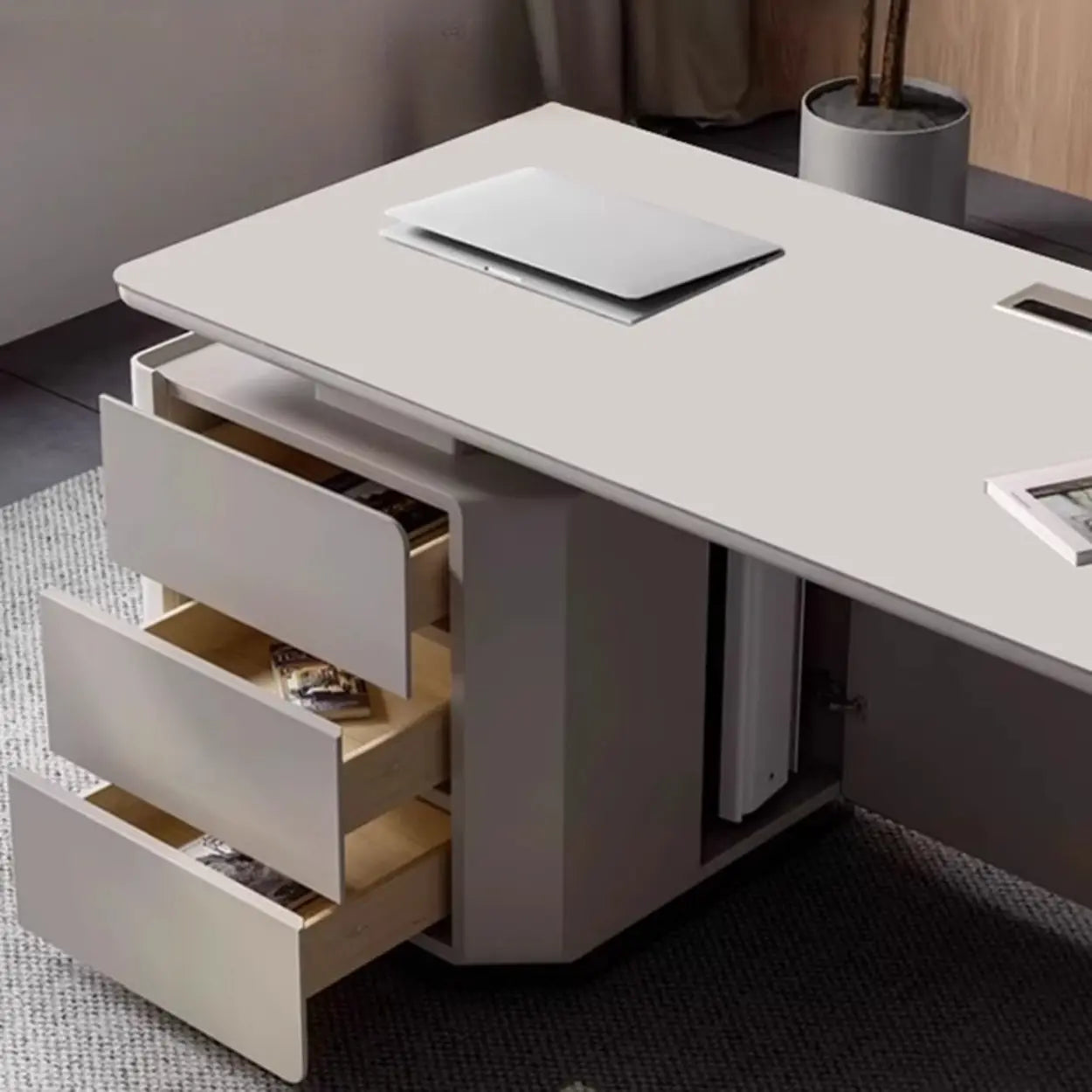 White Wood Computer Desk with Drawers and Storage