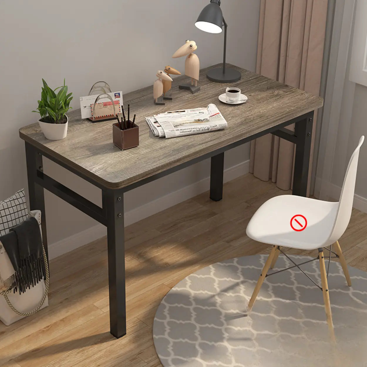 White Wood Computer Desk with Storage — Black Wood Grain / Table Only