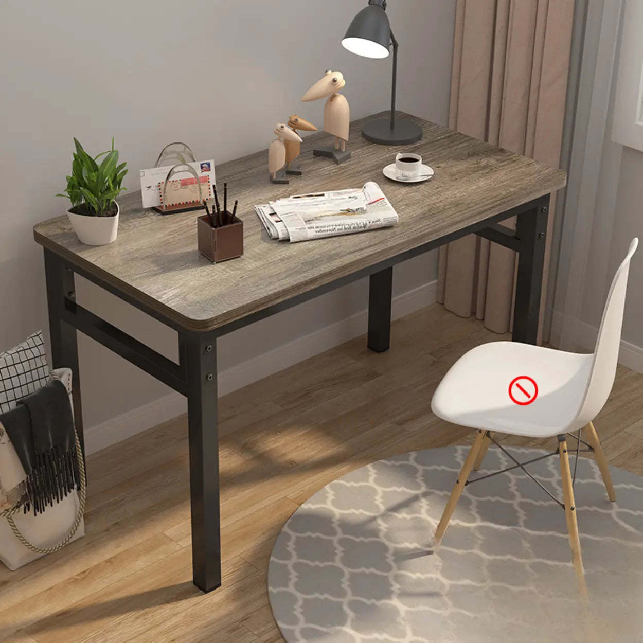 White Wood Computer Desk with Storage — Black Wood Grain / Table Only