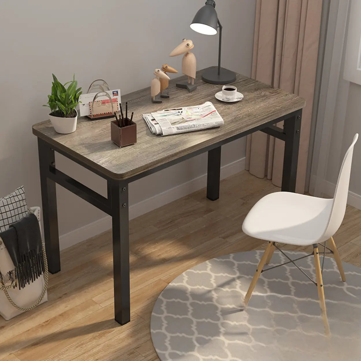 White Wood Computer Desk with Storage — Black Wood Grain / Table Only