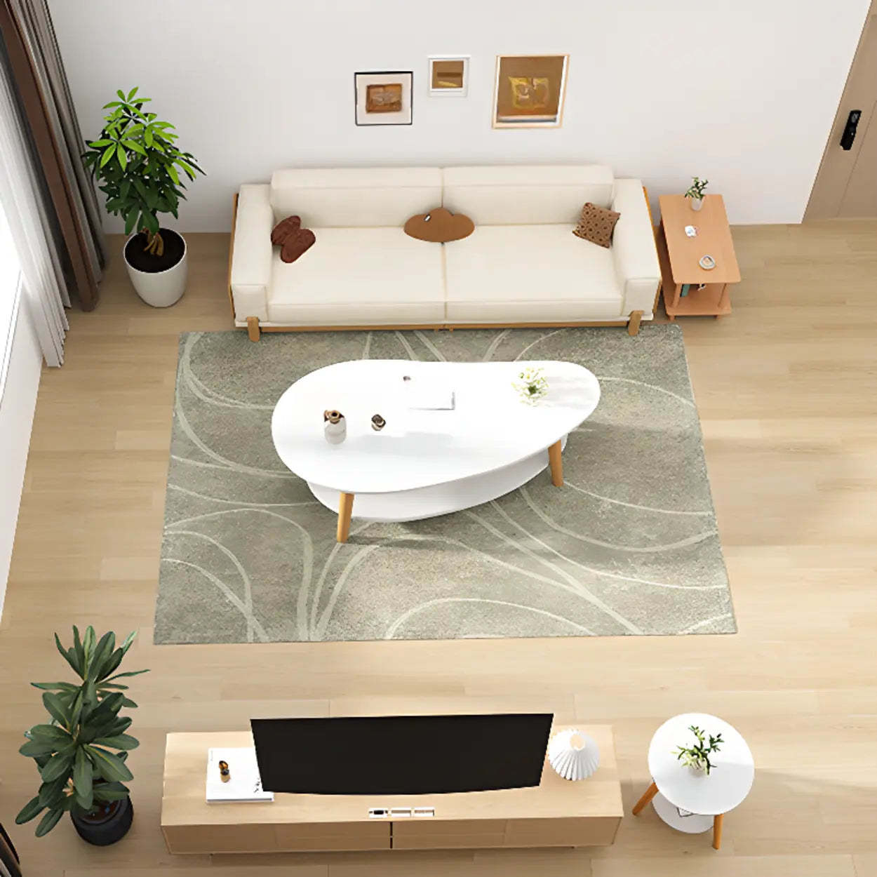 Wooden Free-Form Coffee Table with Shelf — White