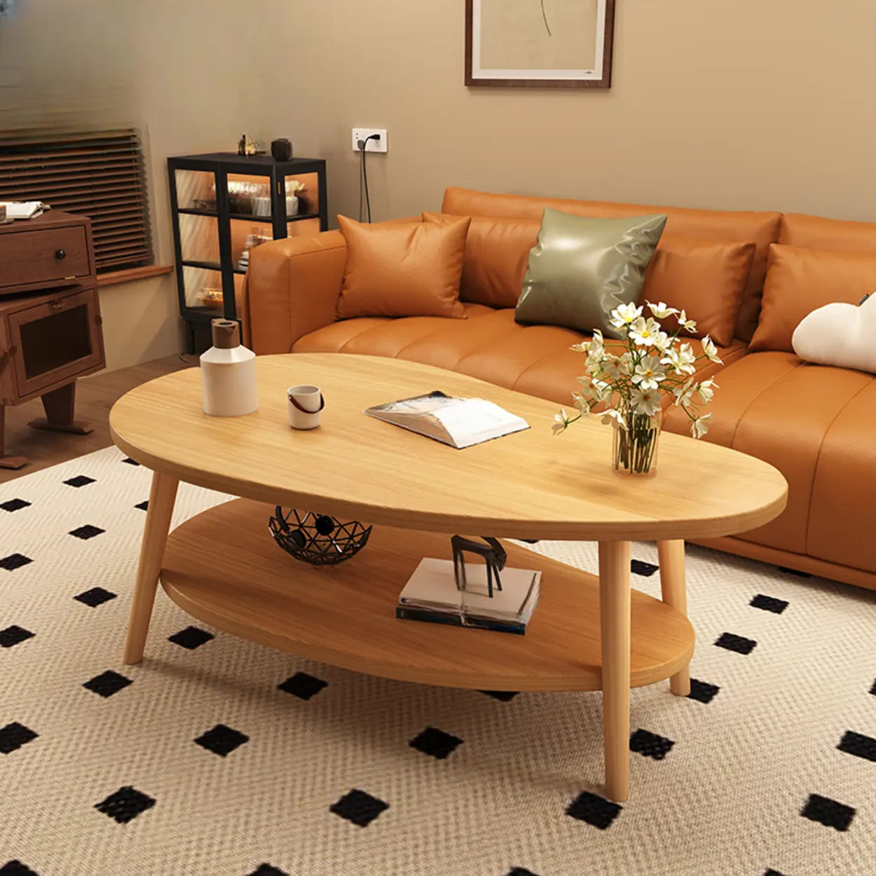 Wooden Free-Form Coffee Table with Shelf — Natural Finish