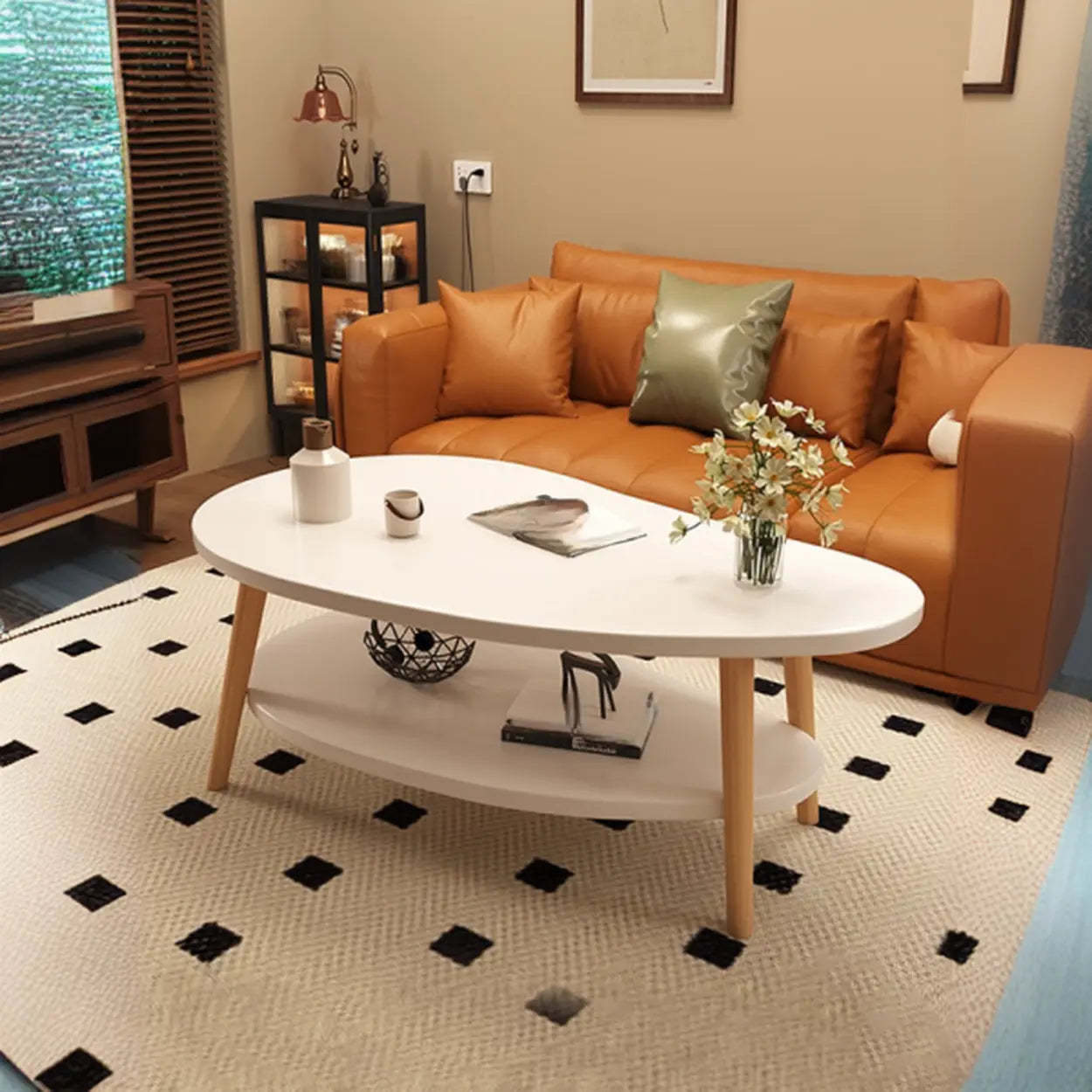 Wooden Free-Form Coffee Table with Shelf — White