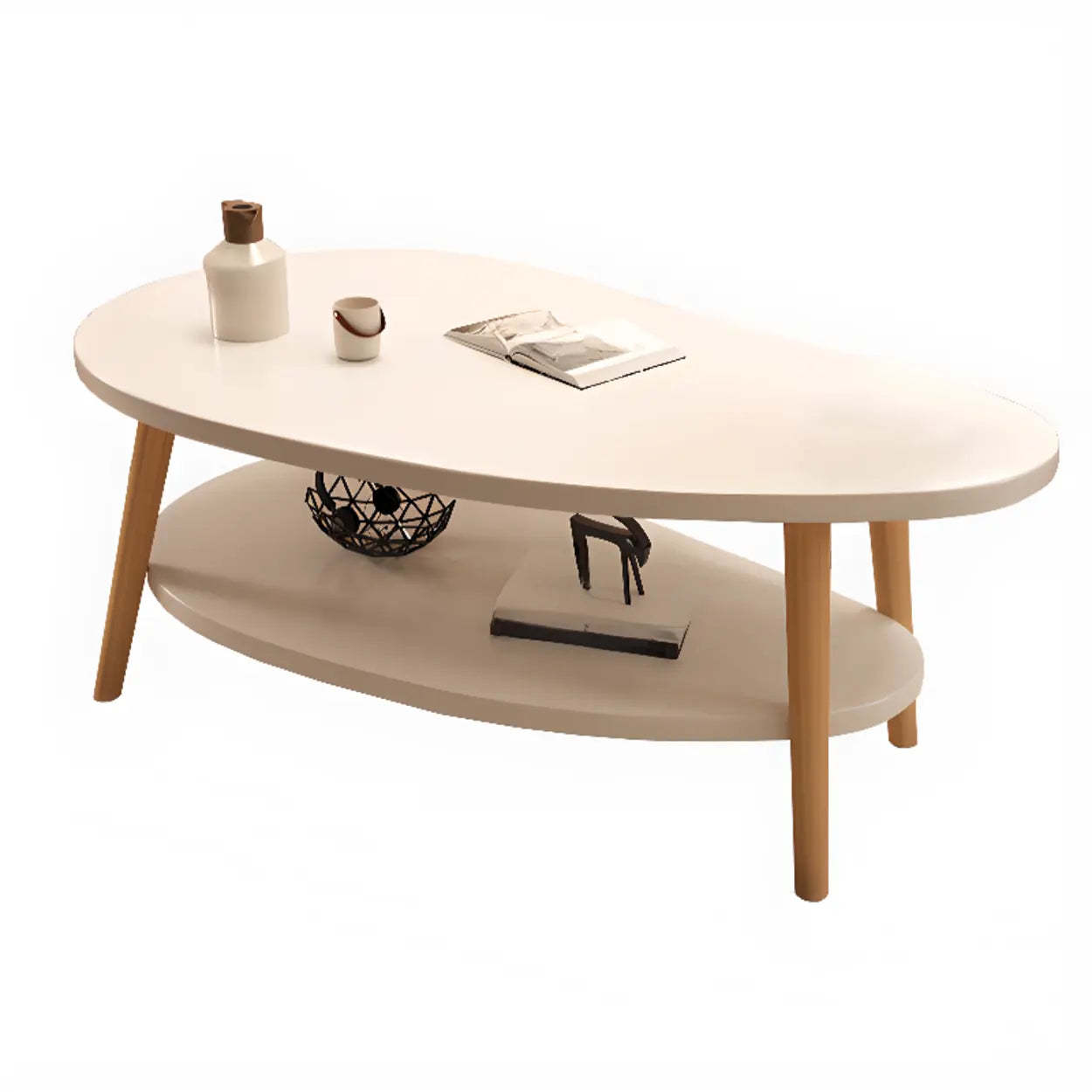 Wooden Free-Form Coffee Table with Shelf — White