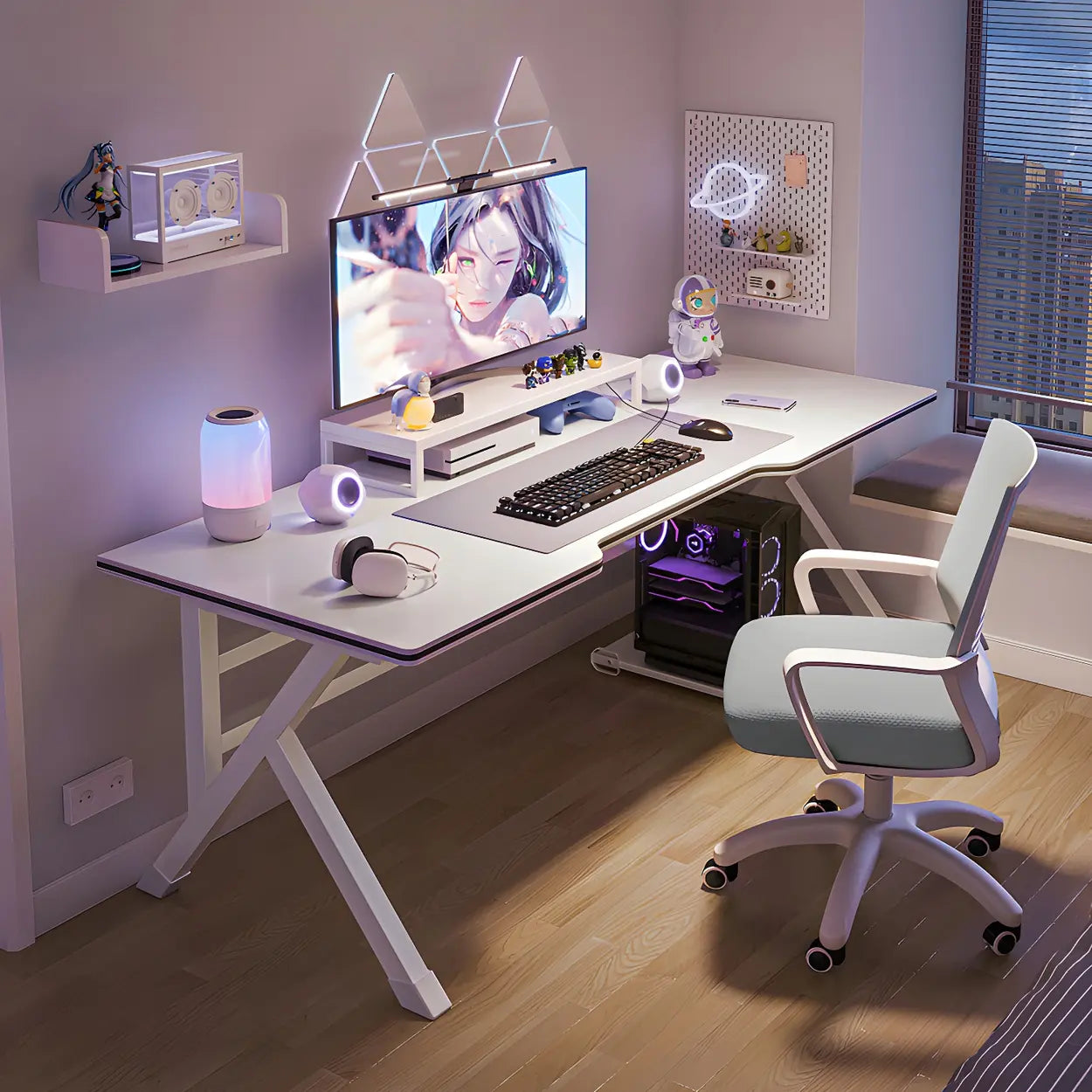 White Wood Free-Form Metal Trestle Gaming Desk