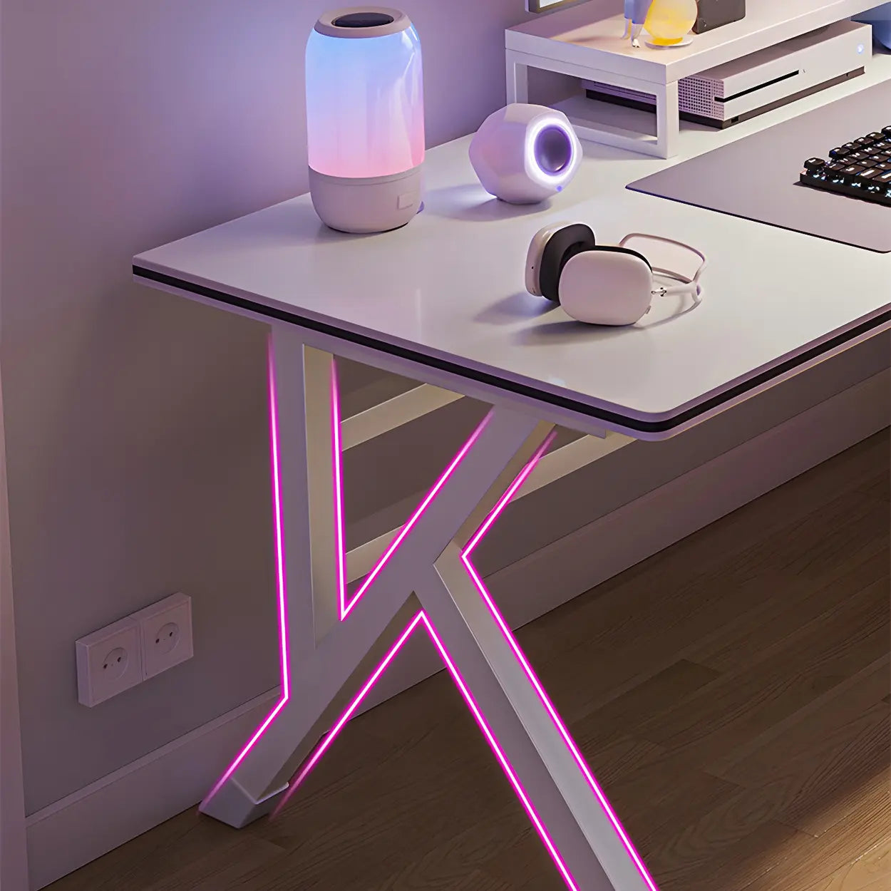 White Wood Free-Form Metal Trestle Gaming Desk