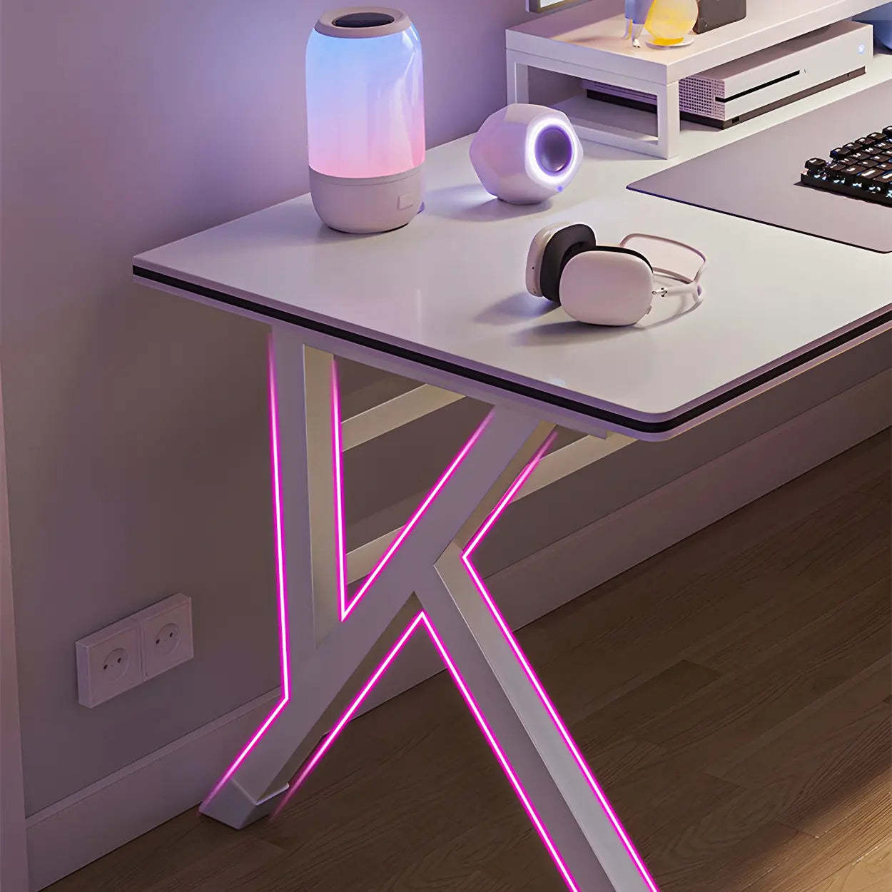 White Wood Free-Form Metal Trestle Gaming Desk