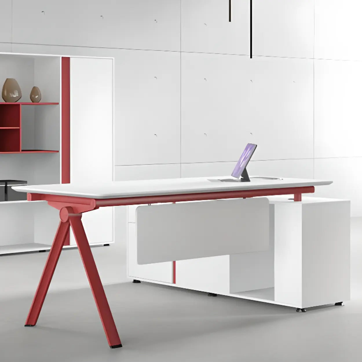 White Wood L-Shape Executive Desk with Red Base