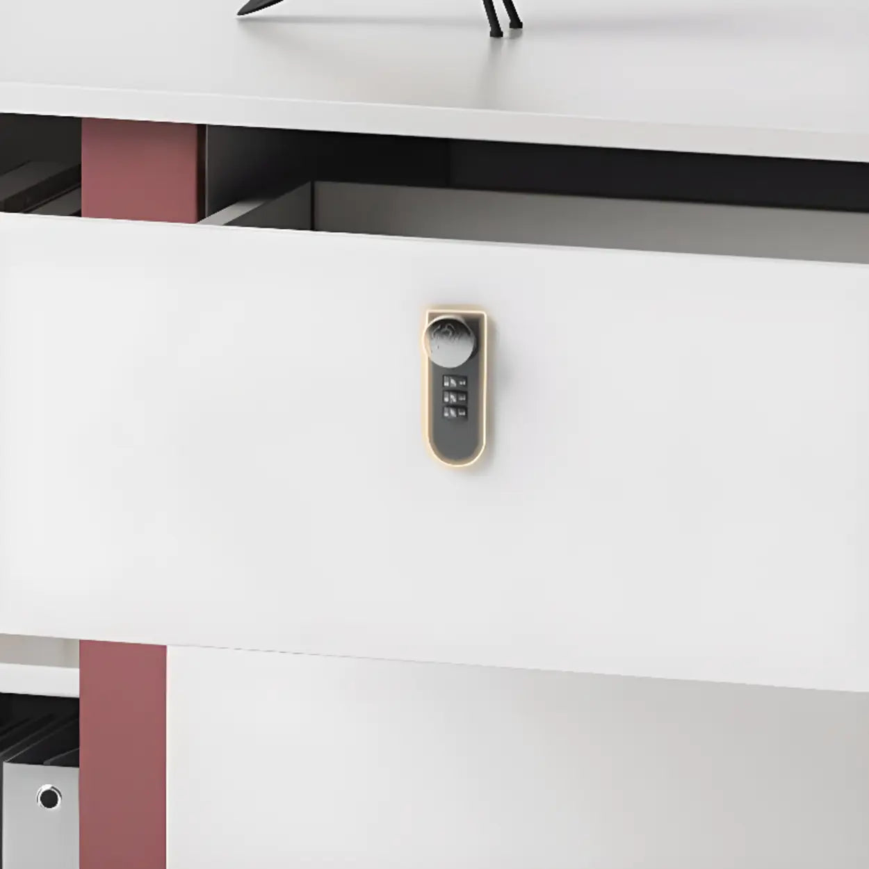 White Wood L-Shape Executive Desk with Red Base