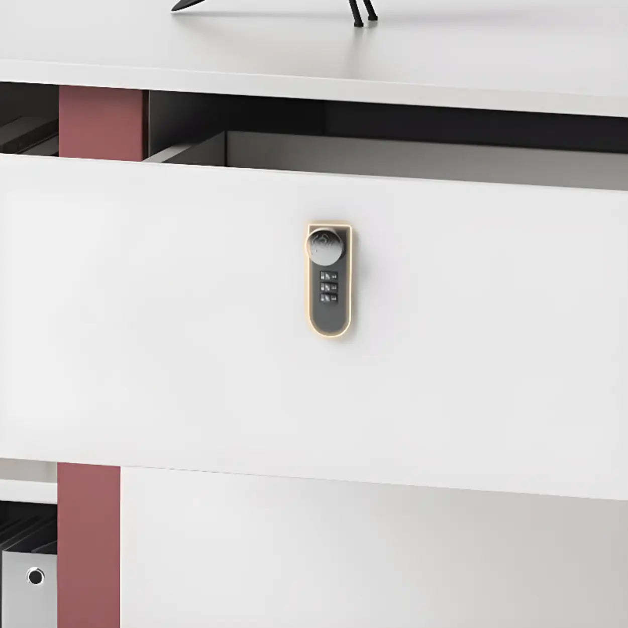 White Wood L-Shape Executive Desk with Red Base