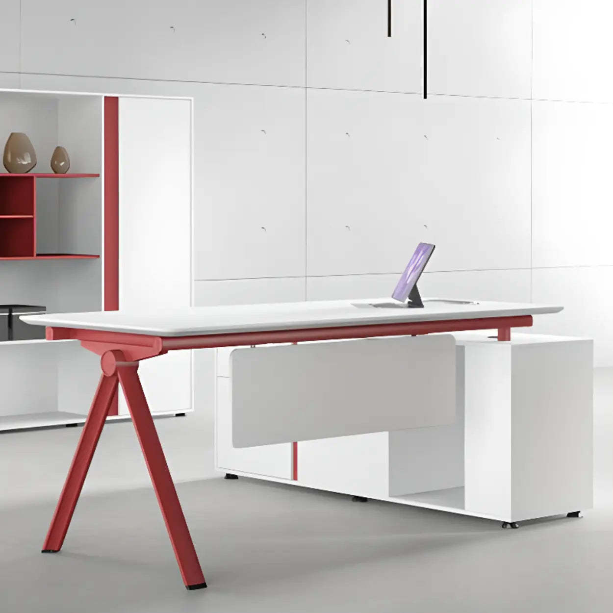 White Wood L-Shape Executive Desk with Red Base — Table Only