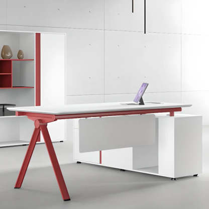 White Wood L-Shape Executive Desk with Red Base — Table Only