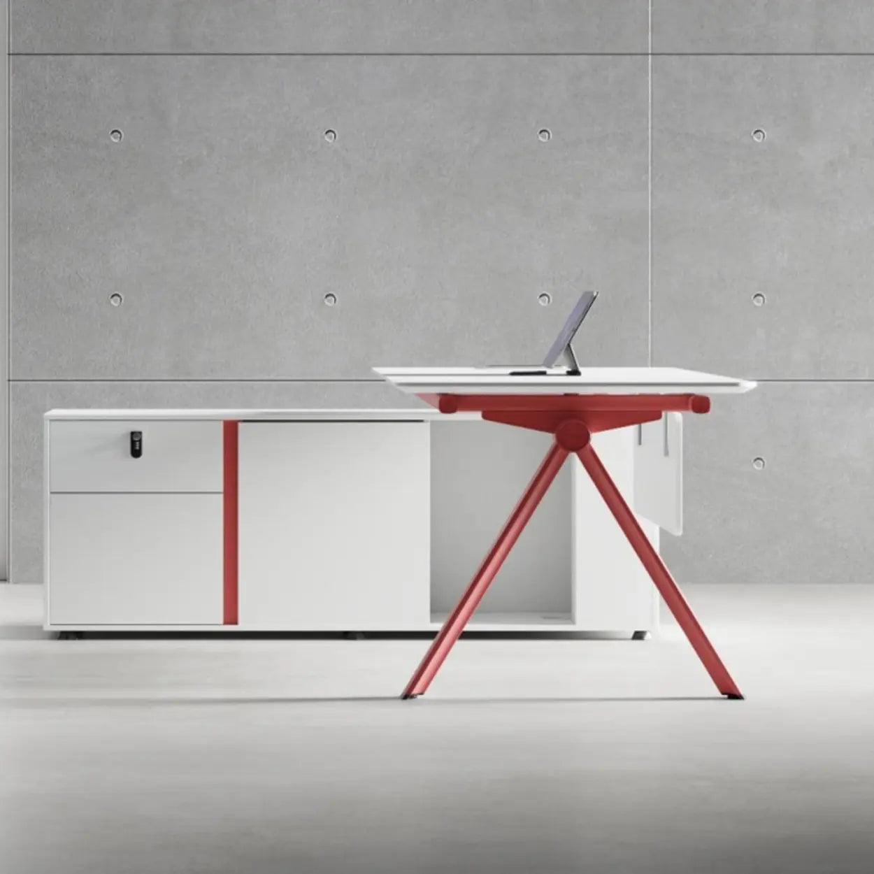 White Wood L-Shape Executive Desk with Red Base