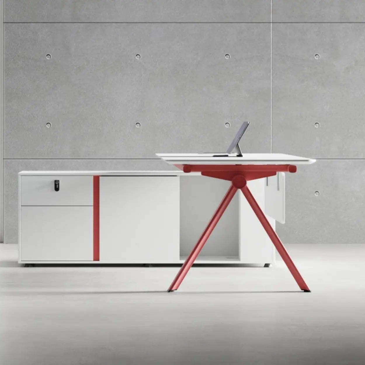 White Wood L-Shape Executive Desk with Red Base