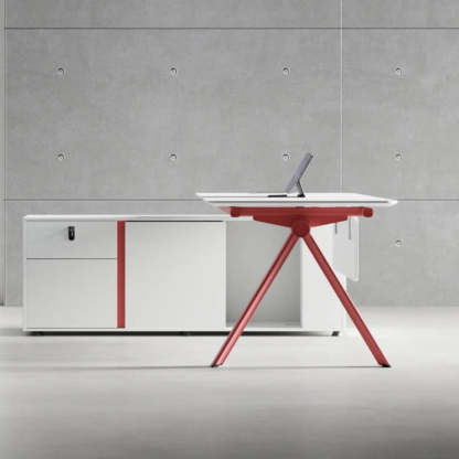 White Wood L-Shape Executive Desk with Red Base