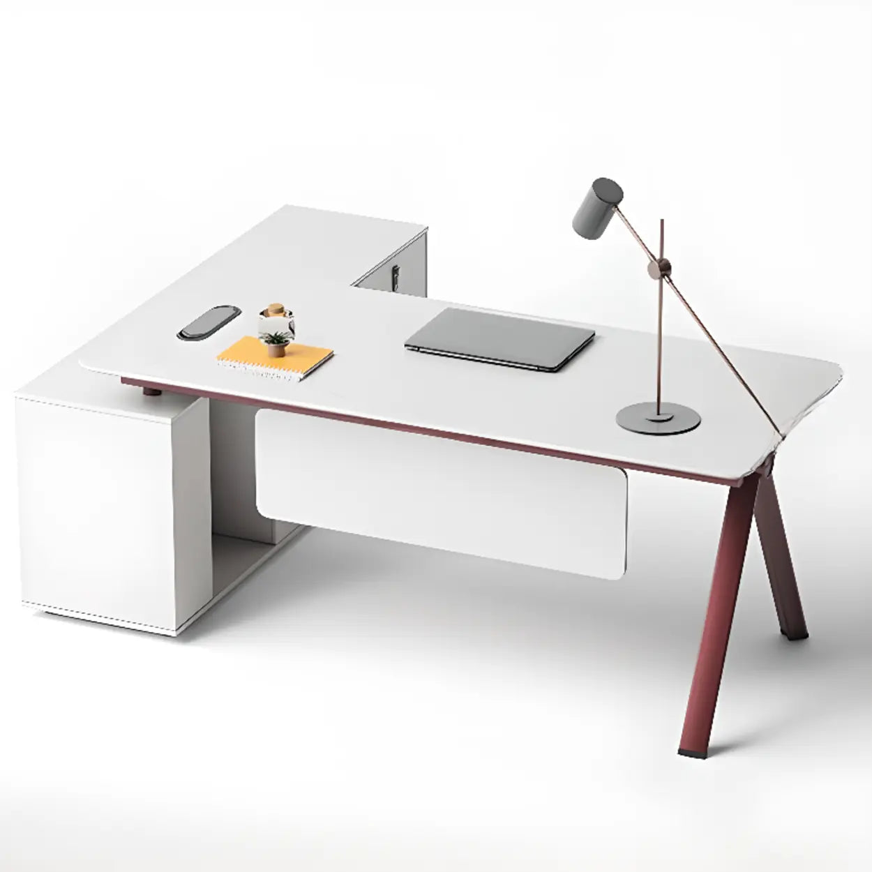 White Wood L-Shape Executive Desk with Red Base
