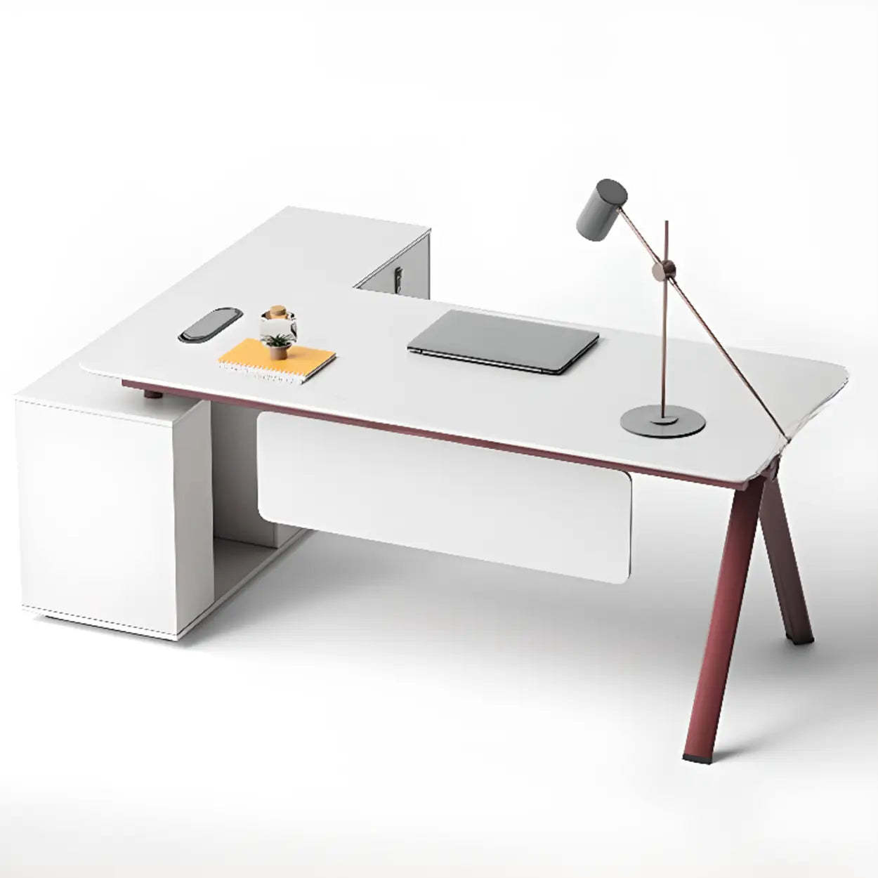 White Wood L-Shape Executive Desk with Red Base | Lighom