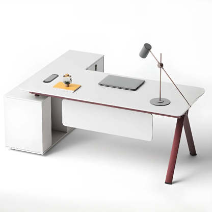 White Wood L-Shape Executive Desk with Red Base