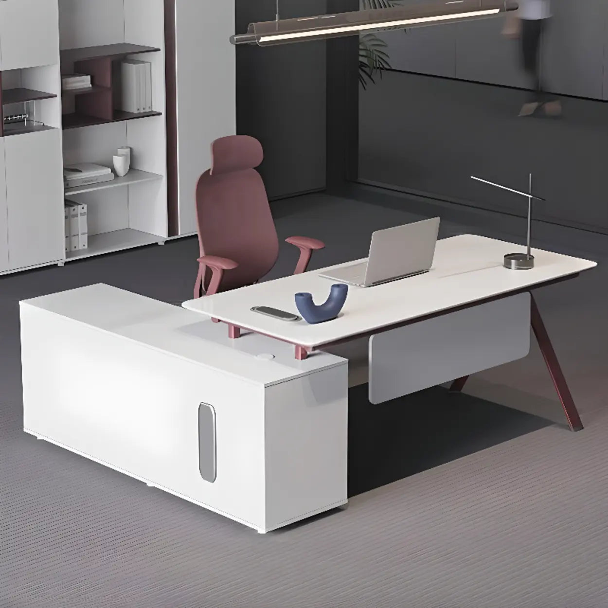 White Wood L-Shape Executive Desk with Red Base