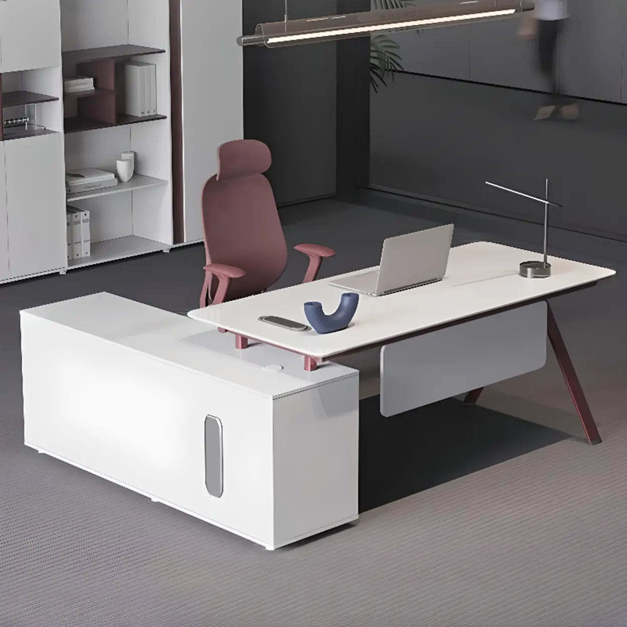 White Wood L-Shape Executive Desk with Red Base