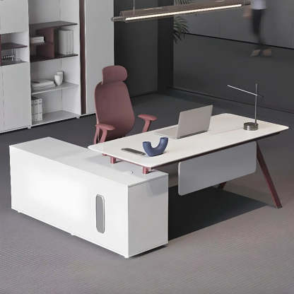 White Wood L-Shape Executive Desk with Red Base