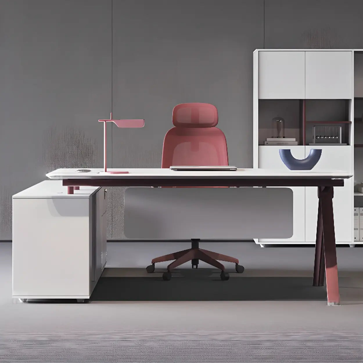 White Wood L-Shape Executive Desk with Red Base