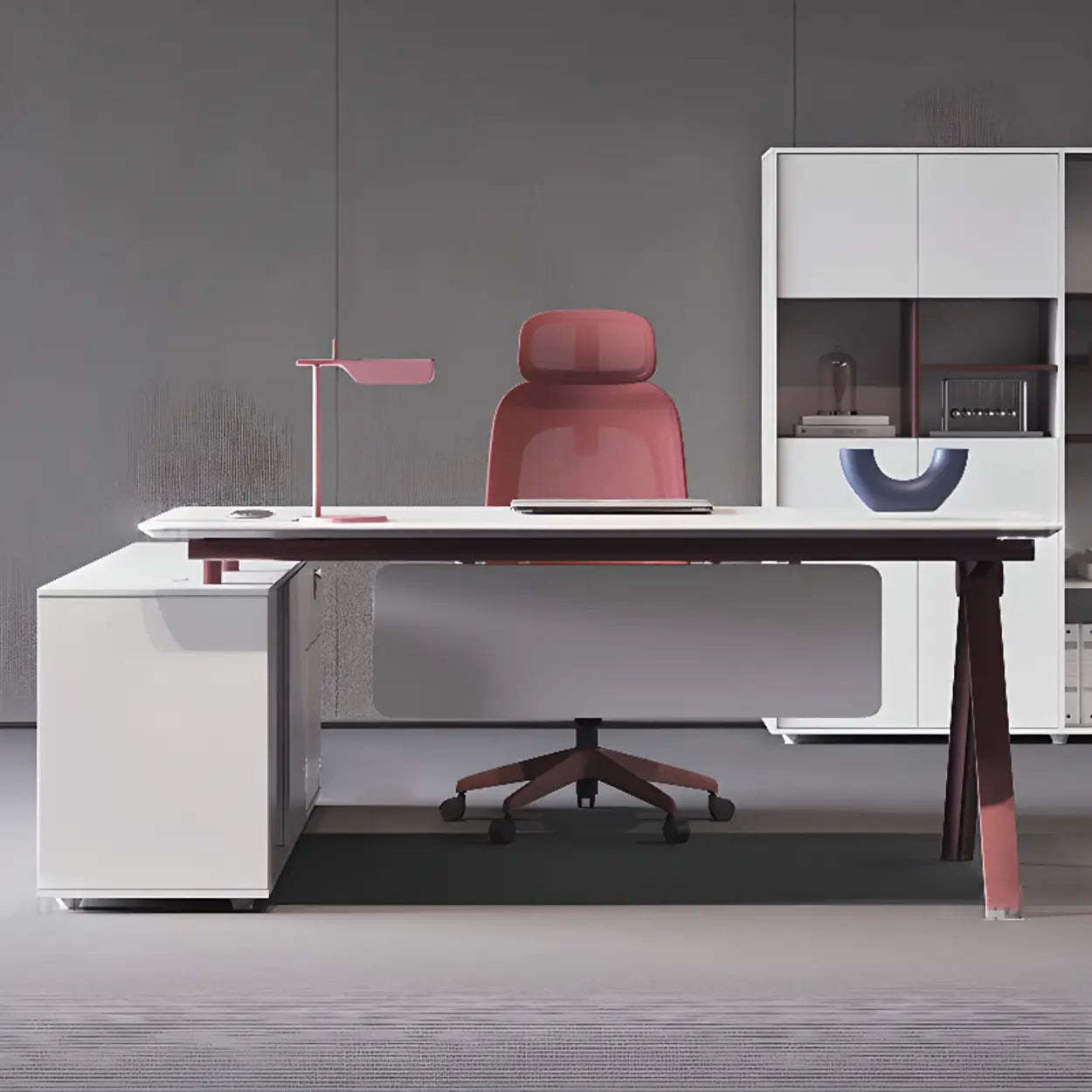 White Wood L-Shape Executive Desk with Red Base