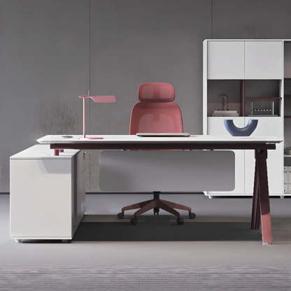 White Wood L-Shape Executive Desk with Red Base