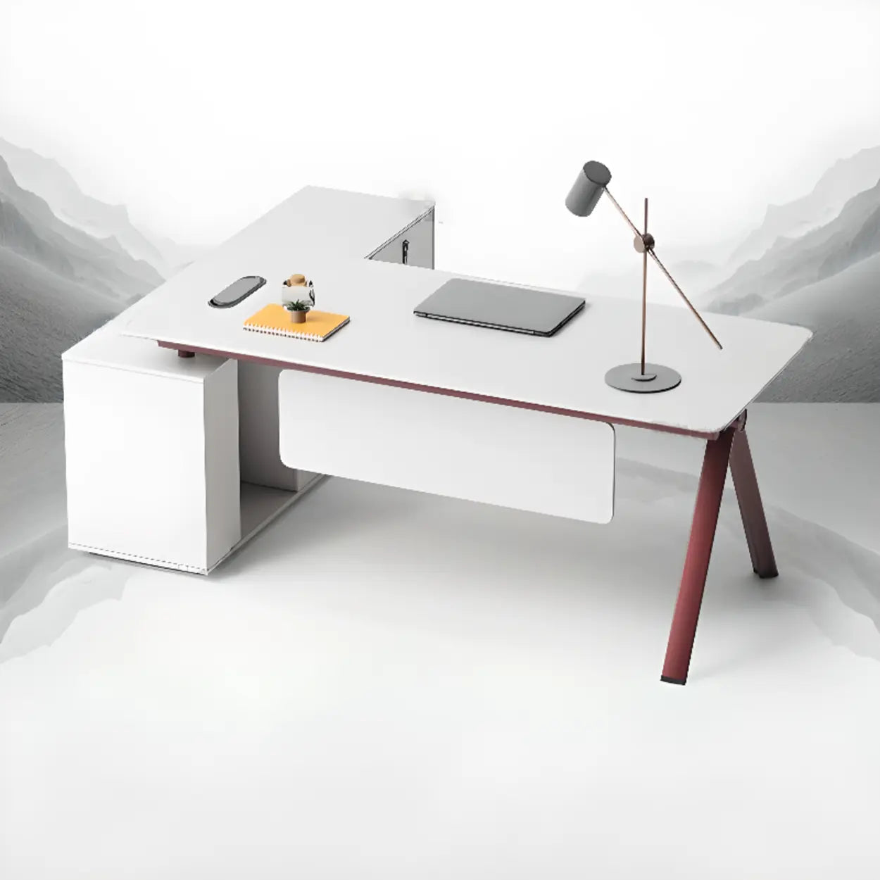 White Wood L-Shape Executive Desk with Red Base