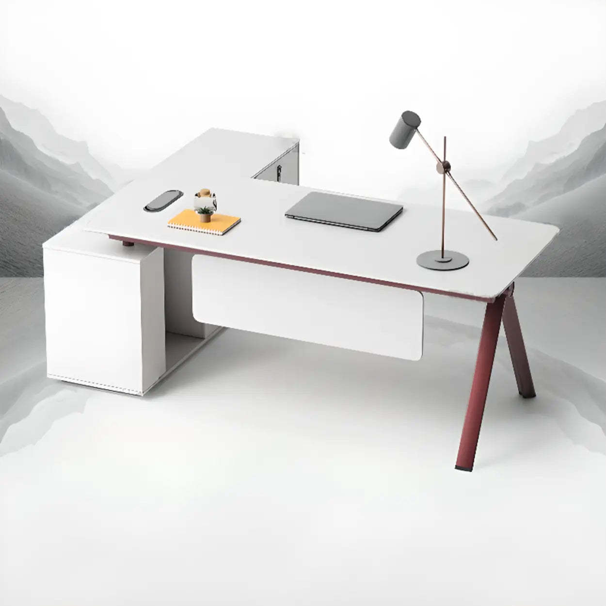 White Wood L-Shape Executive Desk with Red Base
