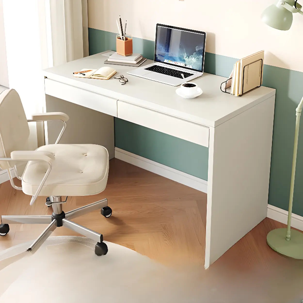 White Wood Single Desk with Drawers