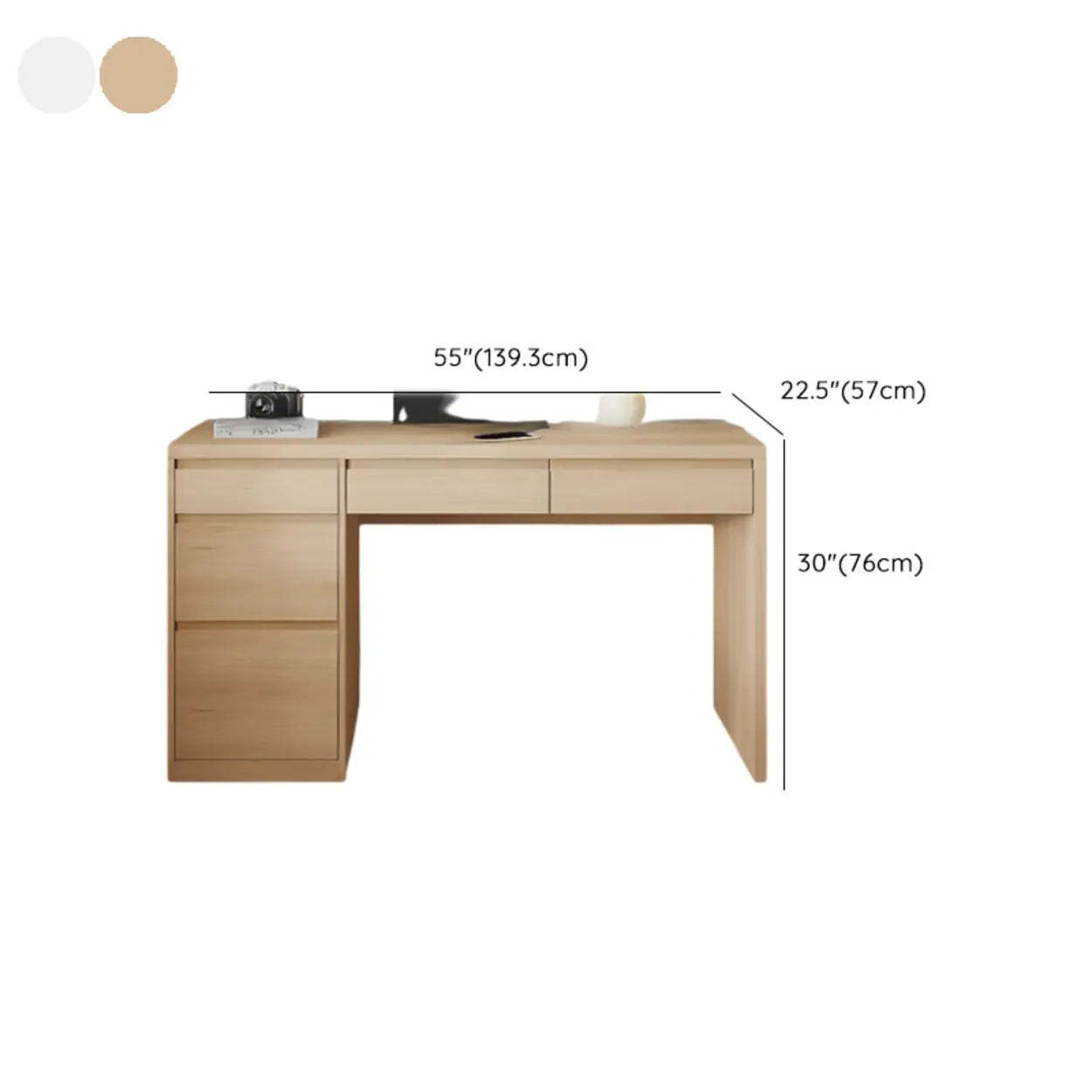 White Wood Single Desk with Drawers