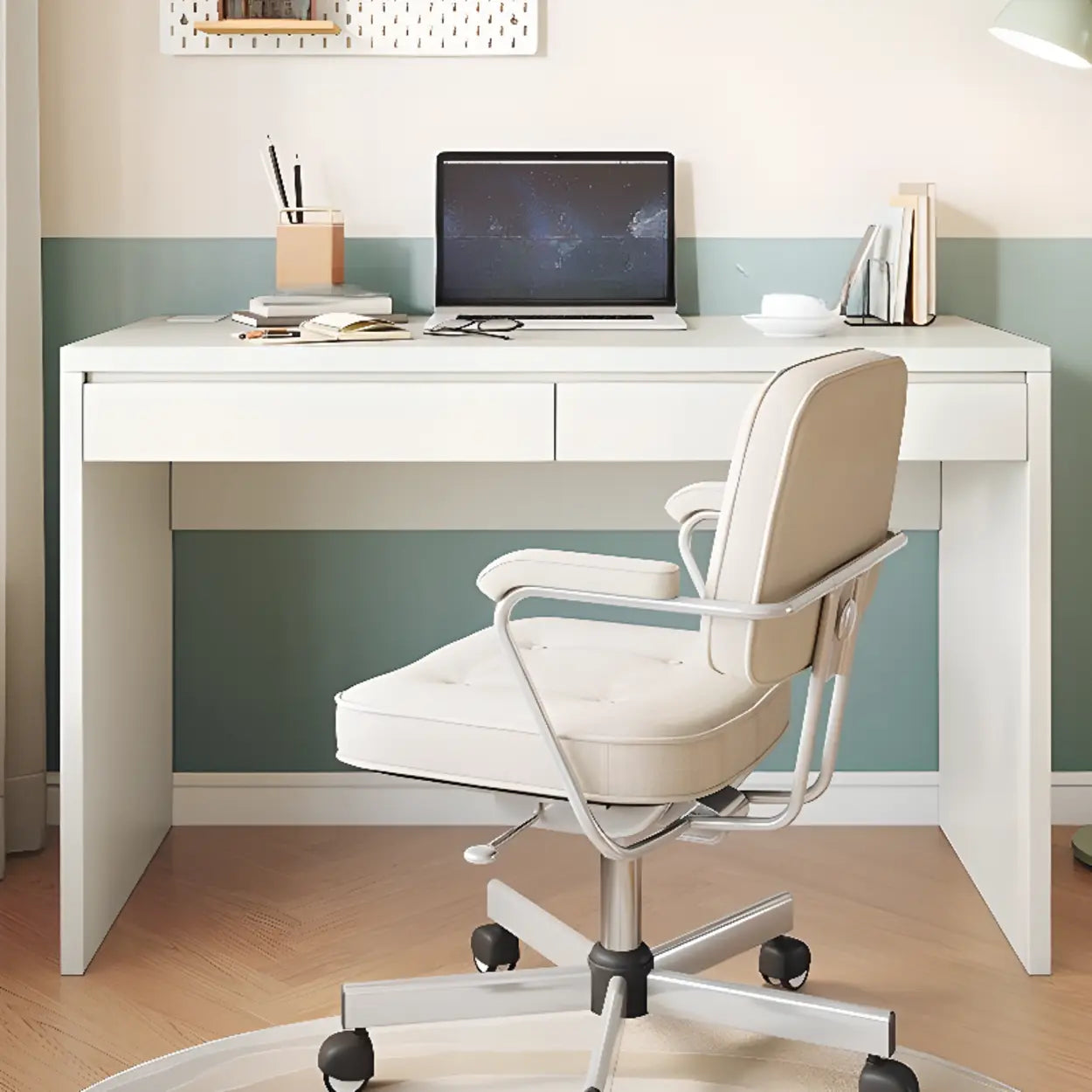 White Wood Single Desk with Drawers — White / Table Only