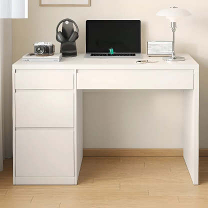 White Wood Single Desk with Drawers — White / Table Only