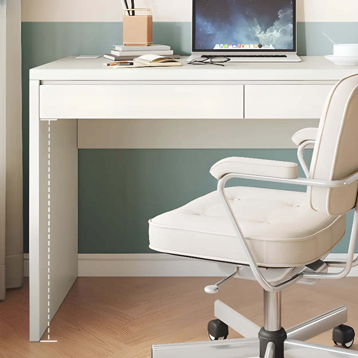 White Wood Single Desk with Drawers — White / Table Only