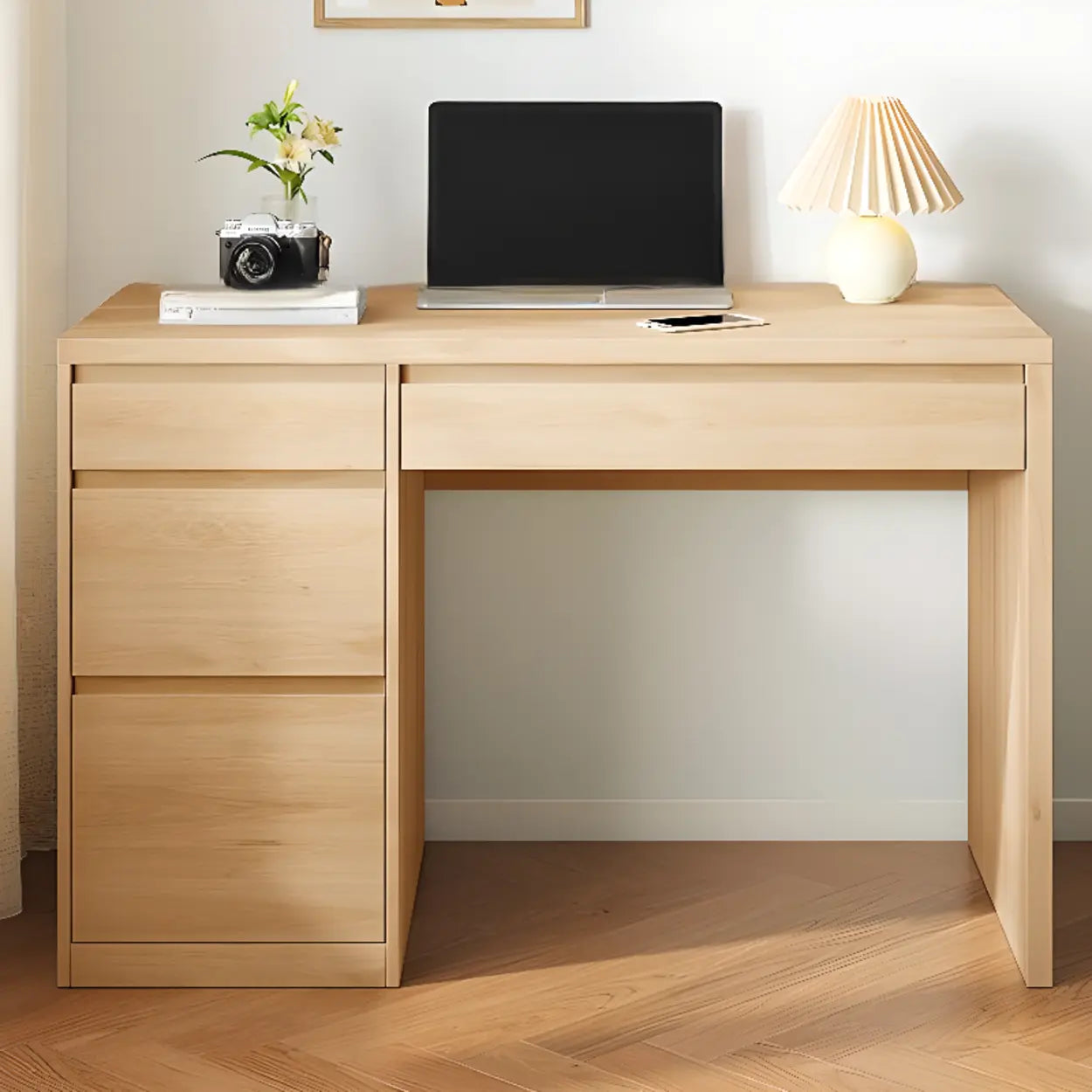 White Wood Single Desk with Drawers — Natural / Table Only