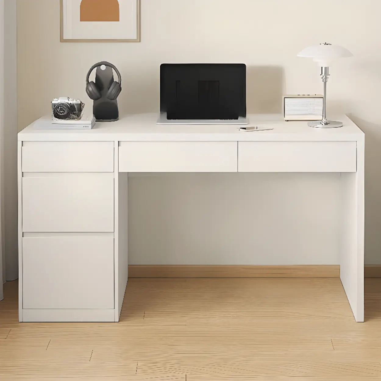White Wood Single Desk with Drawers