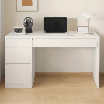 White Wood Single Desk with Drawers
