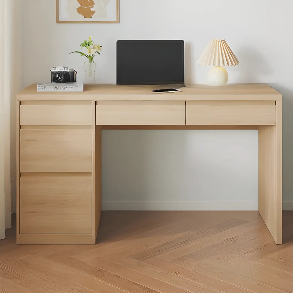 White Wood Single Desk with Drawers