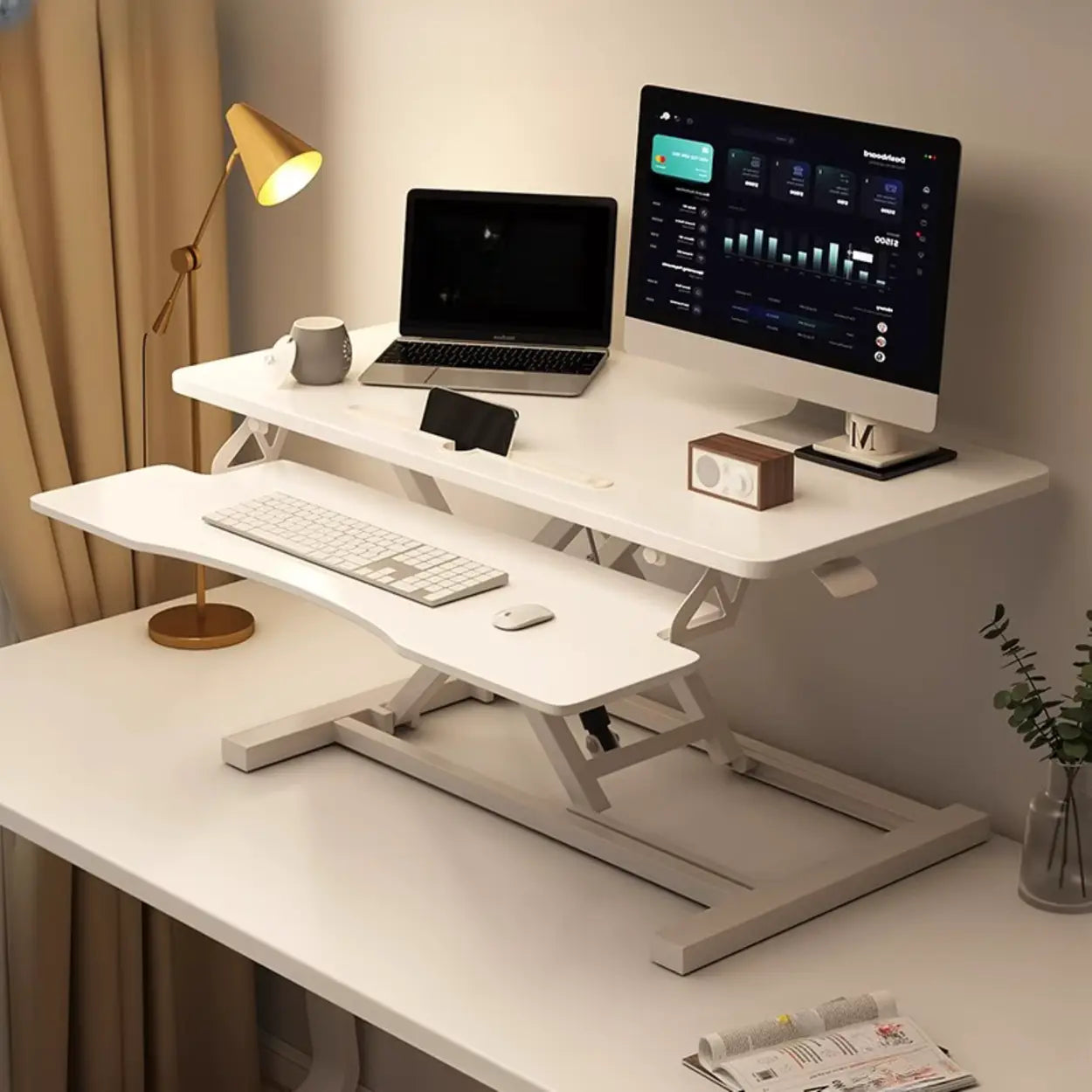 White Wood Adjustable Standing Desk Converter