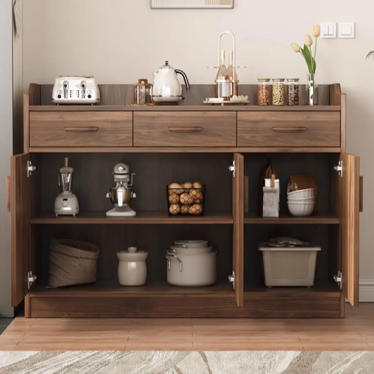 Wide Brown Slab Wood Shelf Sideboard 3-Drawer