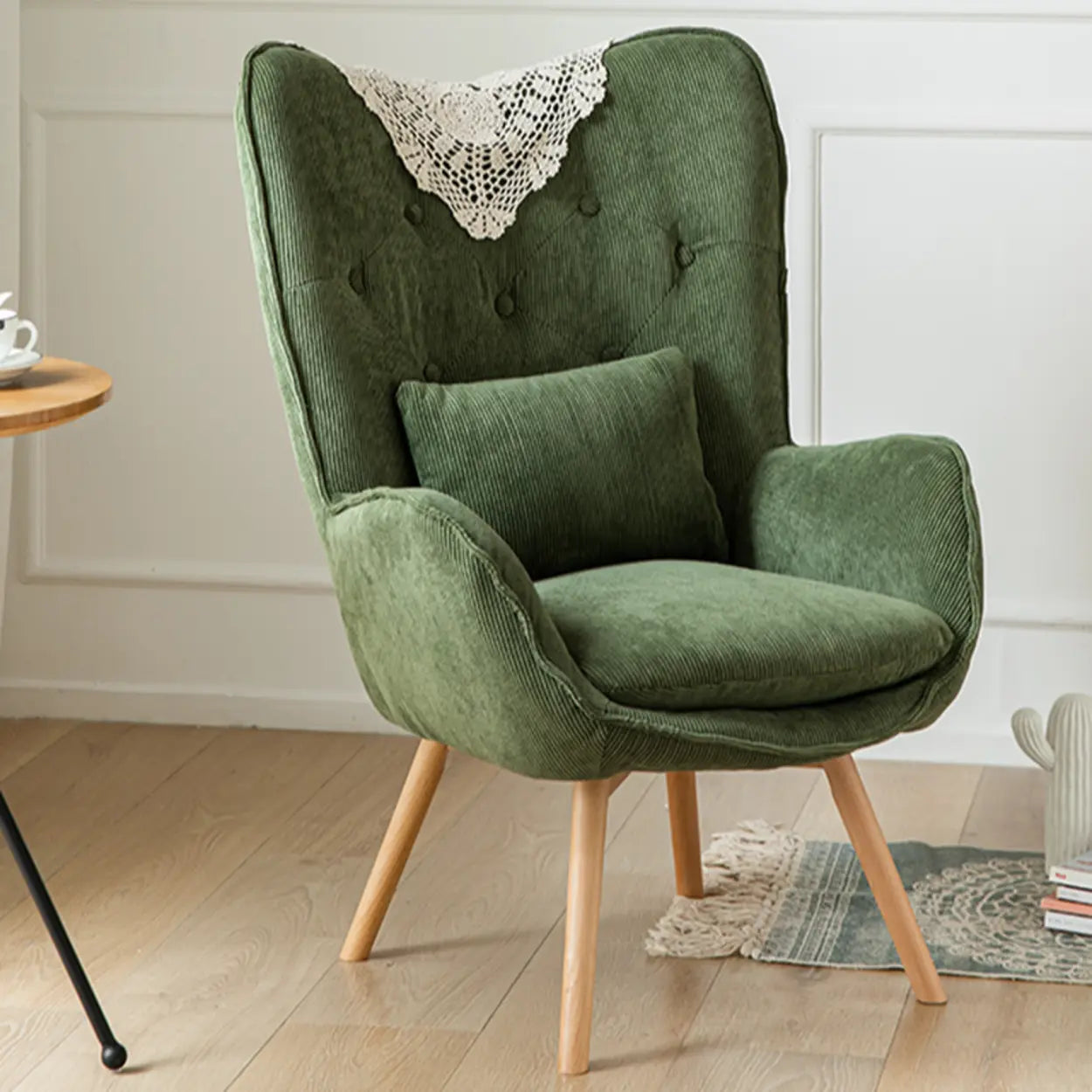 Wingback Corduroy Green Accent Chair with Pillow