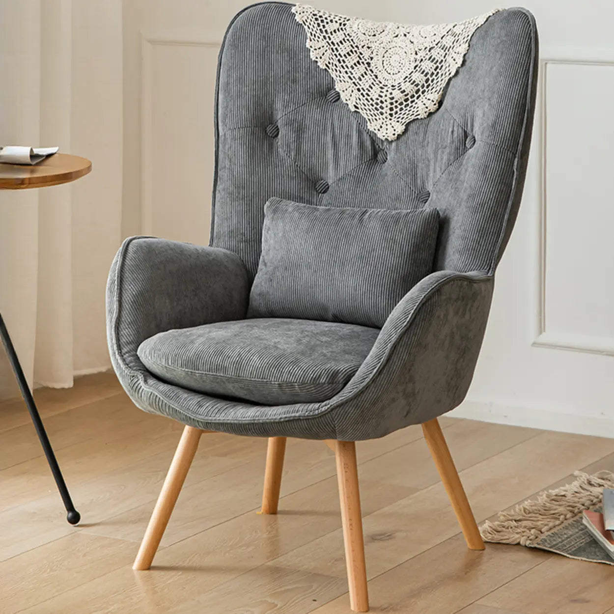 Wingback Corduroy Green Accent Chair with Pillow — Grey / Corduroy