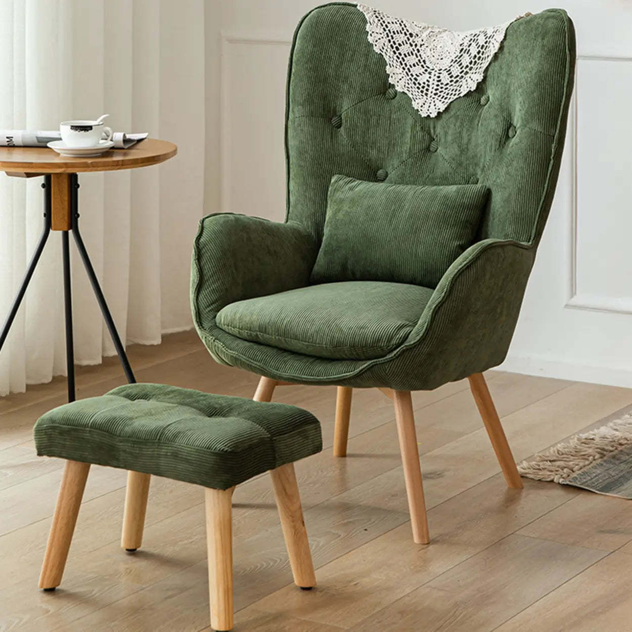 Wingback Corduroy Green Accent Chair with Pillow