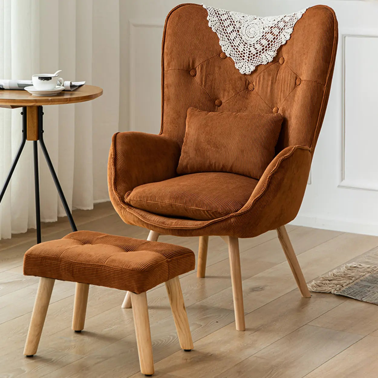 Wingback Corduroy Green Accent Chair with Pillow