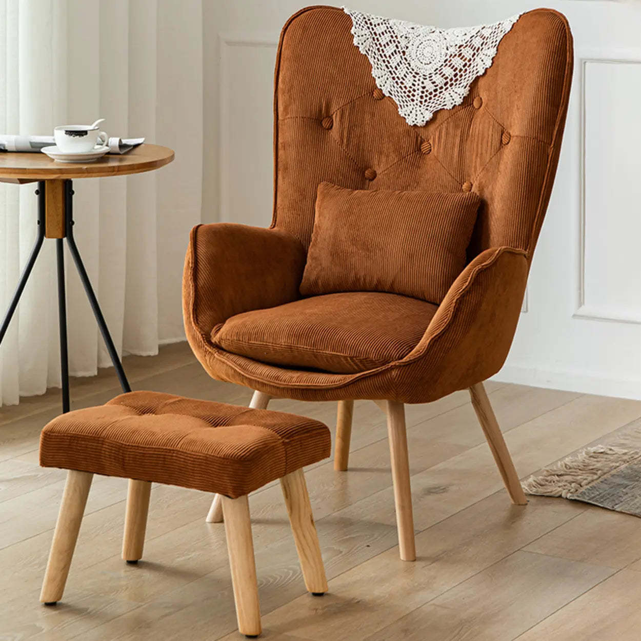 Wingback Corduroy Green Accent Chair with Pillow