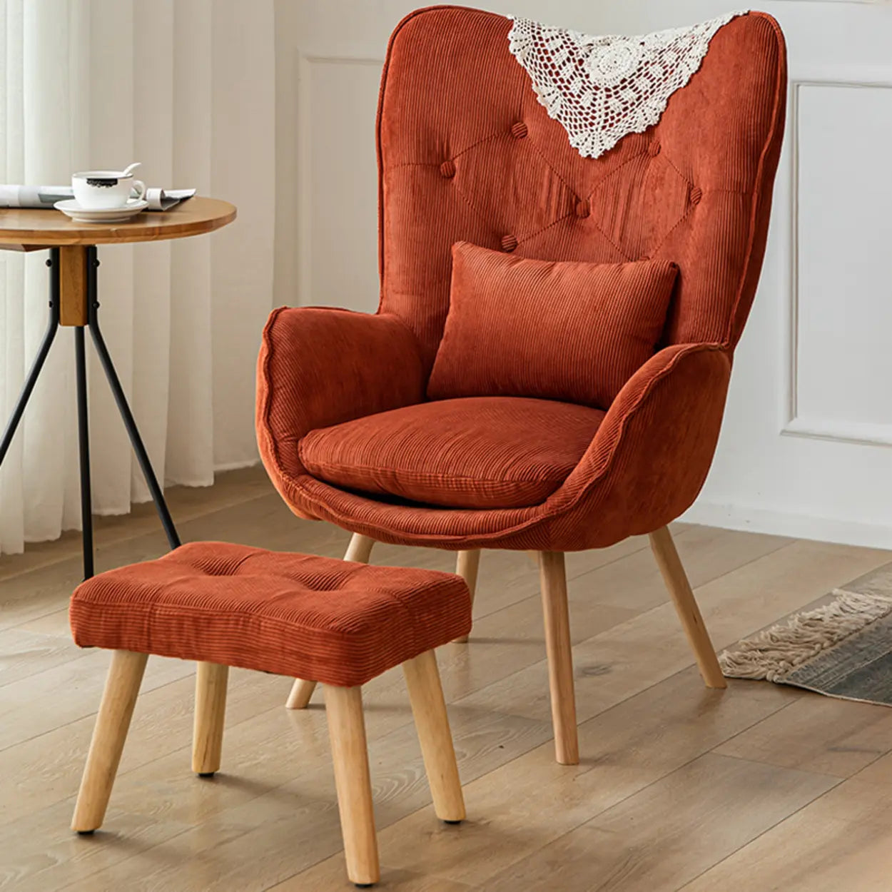 Wingback Corduroy Green Accent Chair with Pillow